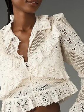 Anthropologie Women's Cream Embroidered Lace Cropped Ruffle Button-Front Top| XS